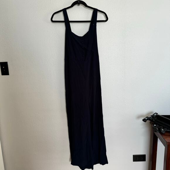 Madewell Jumpsuit Navy Smocked Square Neck Zip Sleeveless Straight Leg Sz 12 - Picture 1 of 7
